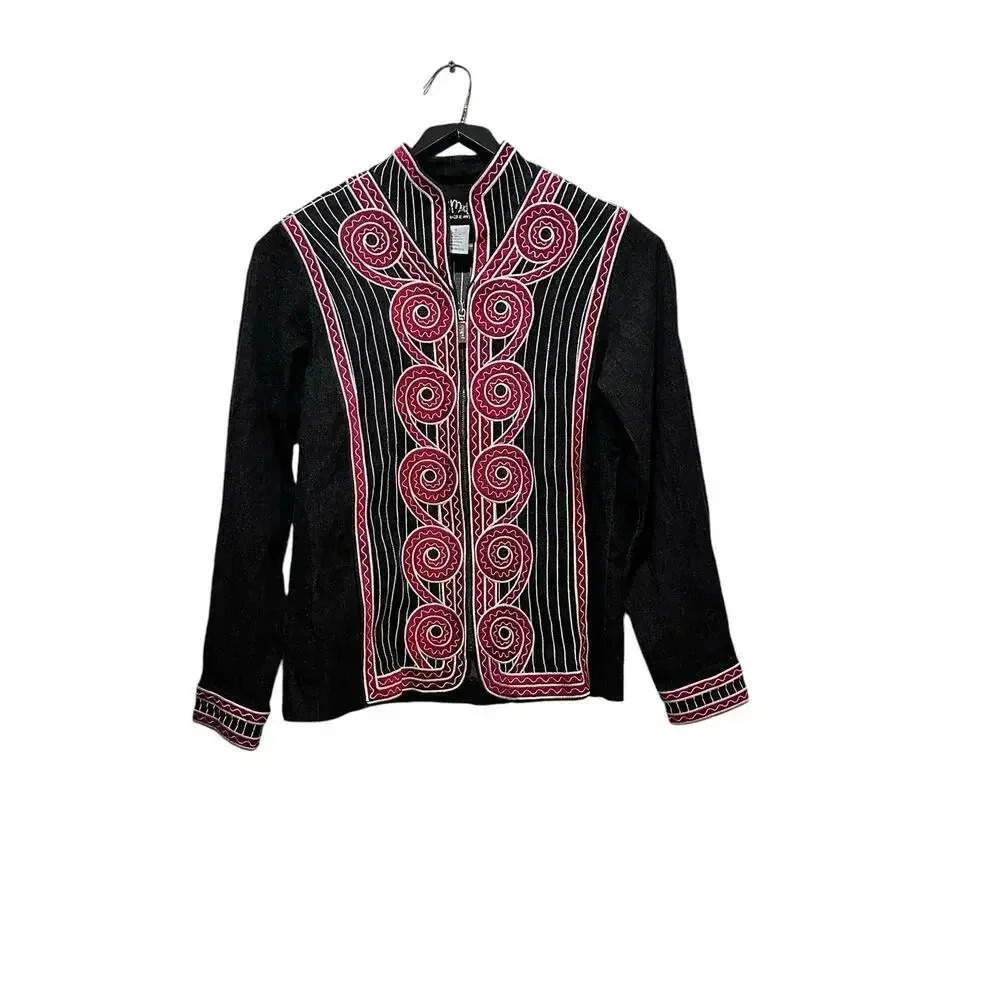 Bob Mackie Wearable Art Black Stand Collar Zip Embroidered Jacket Size S